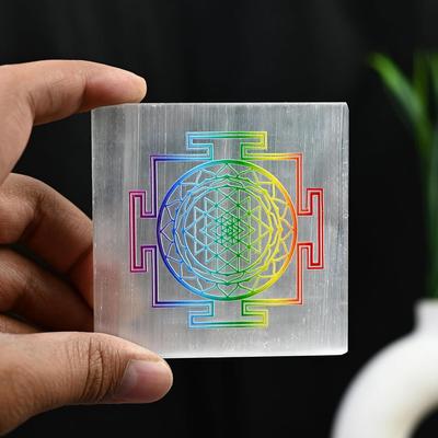 Selenite Charging Plate with Sri Yantra Engraving - Shree Yantra Selenite Crystal for Meditation, Energy Cleansing, Re-Energizing