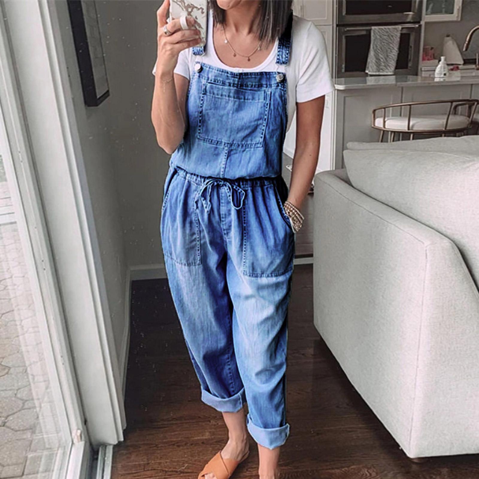 

Минималистичный повседневный джинсовый комбинезон на бретельках с завязками L темно-синий