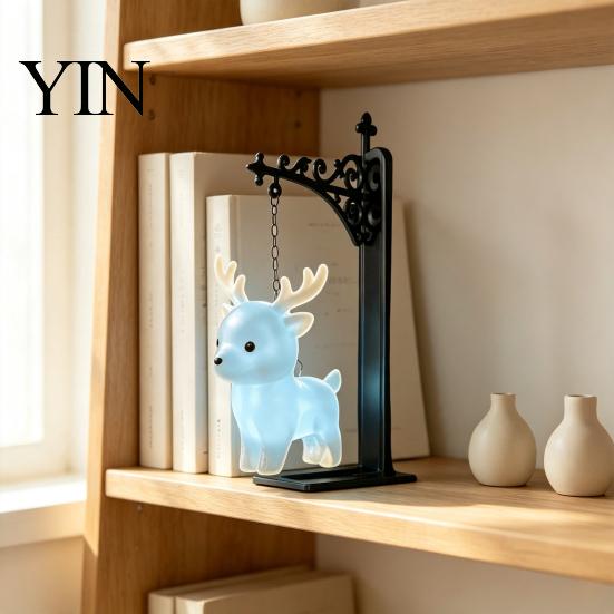 Relaxed Reading Light for Den Hanging Magic Owl Bird Deer Bookend Lamp, Gothic Metal Bookshelf Light, Portable Cordless Ghost Vintage Library
