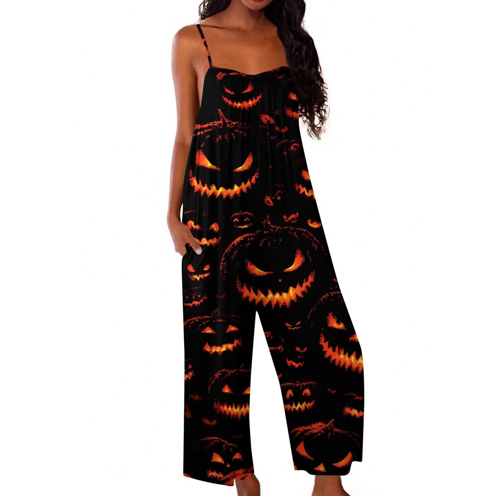 Women Halloween Printed Loose Jumpsuit Casual Sleeveless Wide Leg Romper Comfortable Fit for Seasonal Wear