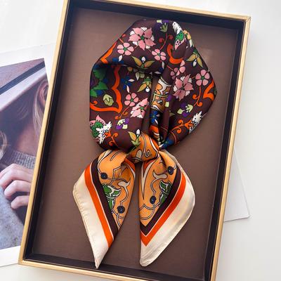 Luxury Square Scarf For Women Elegant Ladies Hijab Retro Floral Print Neckerchief Bandanas Soft Stain Faux Silk Scarves Shawl