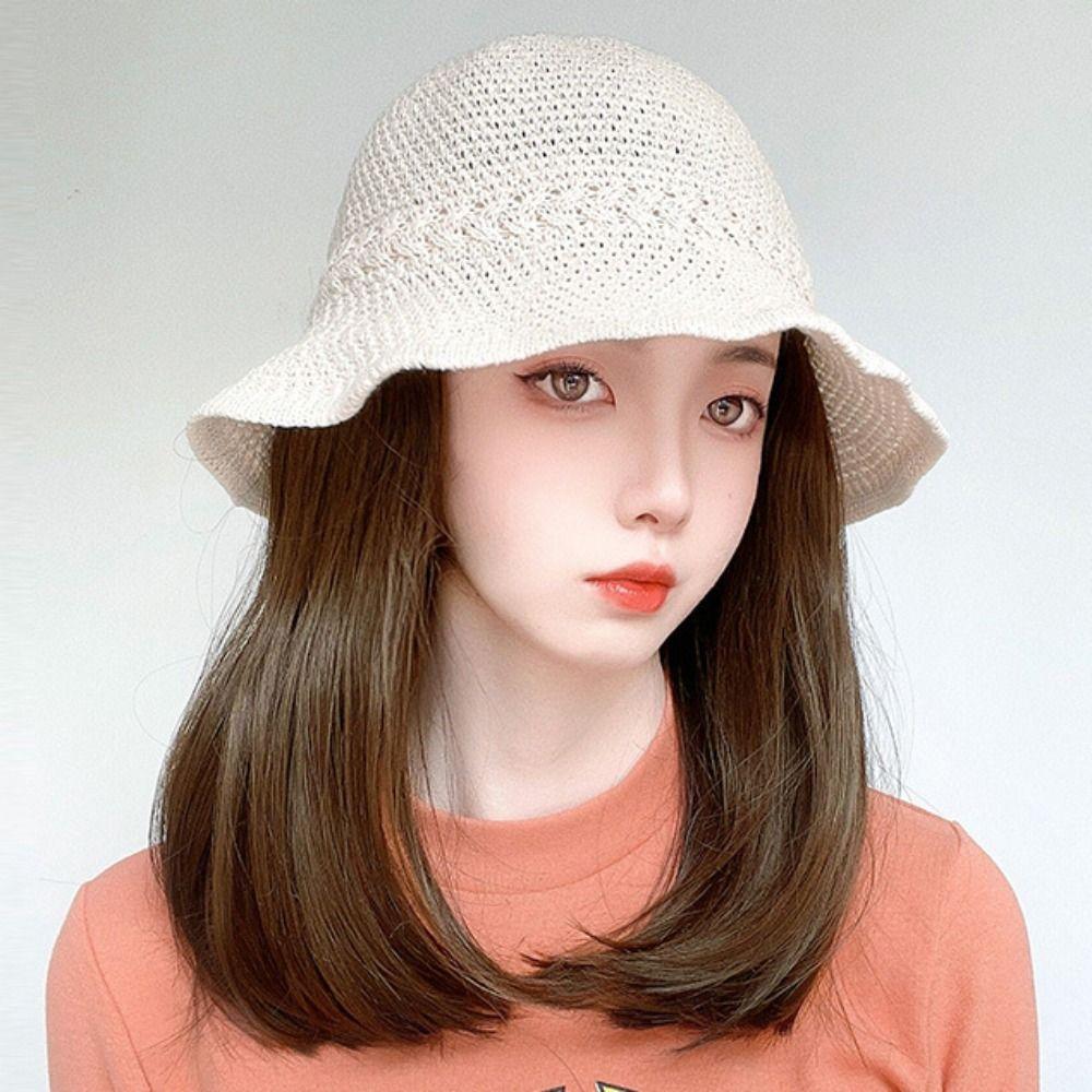 Women Girls Spring Straight Bob Wigs Fisherman Hat Wig Sunshade Hat Short Wigs Bucket Hat Fake Hair