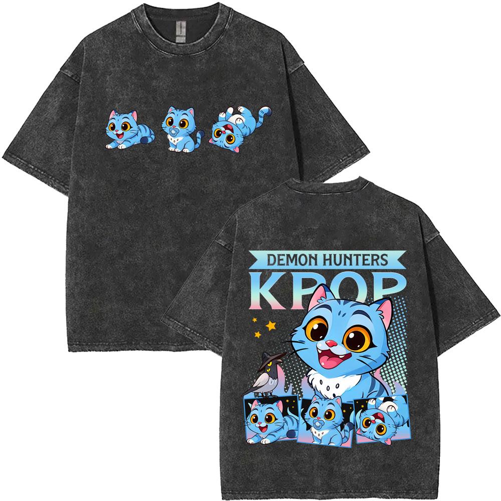 Women Washed Vintage Kpop Demon Hunters Derpy Tiger T-shirt Women Fashion Cartoon Trend T Shirts Oversized T-shirts S