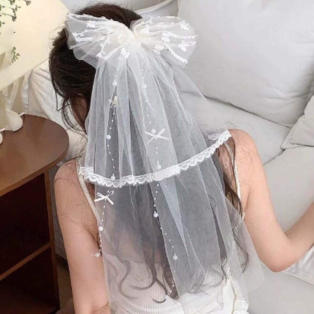 Bow Veil Hair Clip Beads White Bridal Tulle Elegant Girls Head Gauze  Engagement