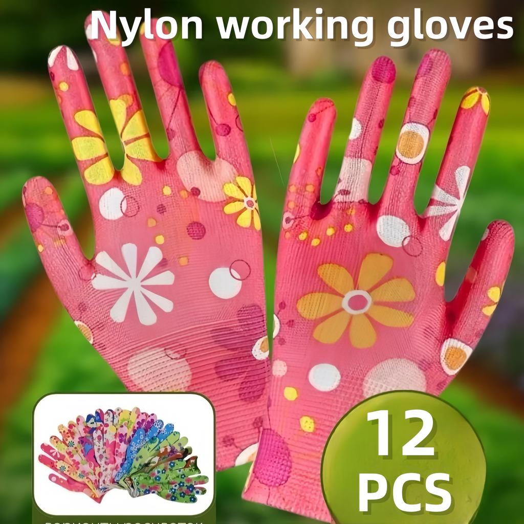 6/12Pieces Colorful Floral Nylon Gardening Gloves with Palm Coating