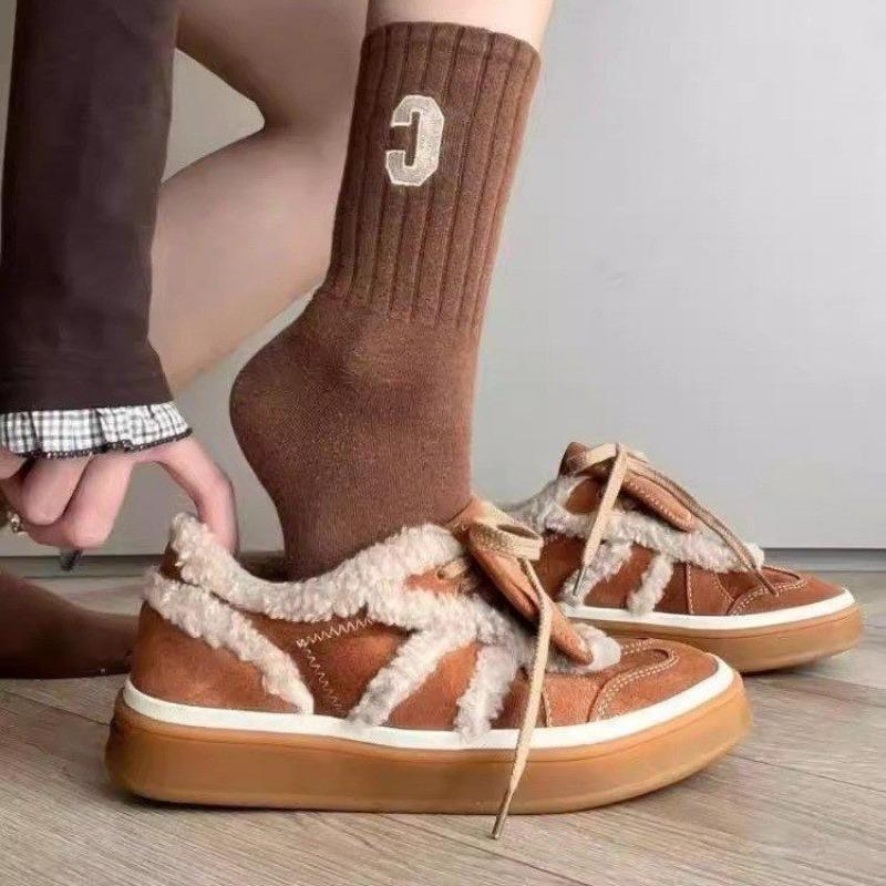 Fashion Women's Flat Sports Shoes Winter New Round Head Splicing Suede Front Lacing Anti-slip Wear-resistant Cotton Boots