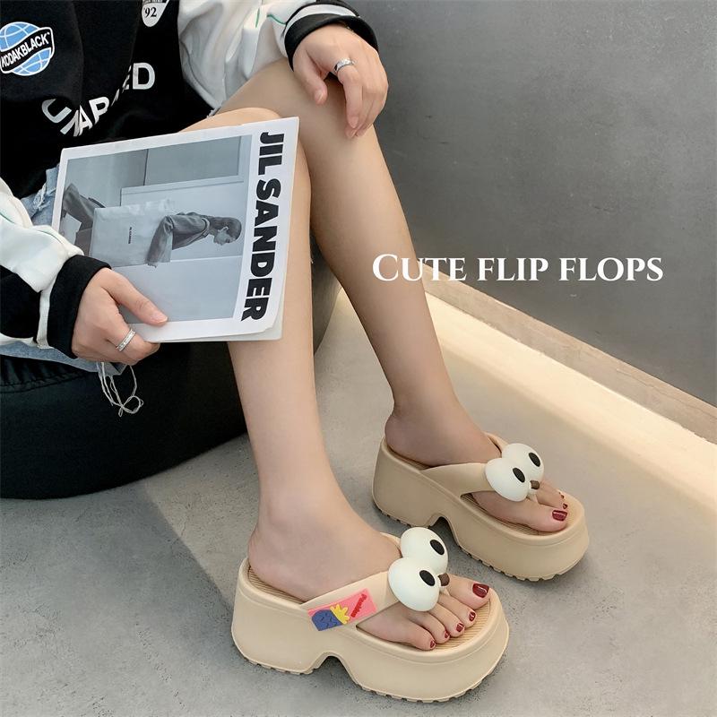 Women's Thick-Soled Summer Flip-Flops: Big-Eyed Dog, EVA, Height-Increasing, Non-Slip Sandals