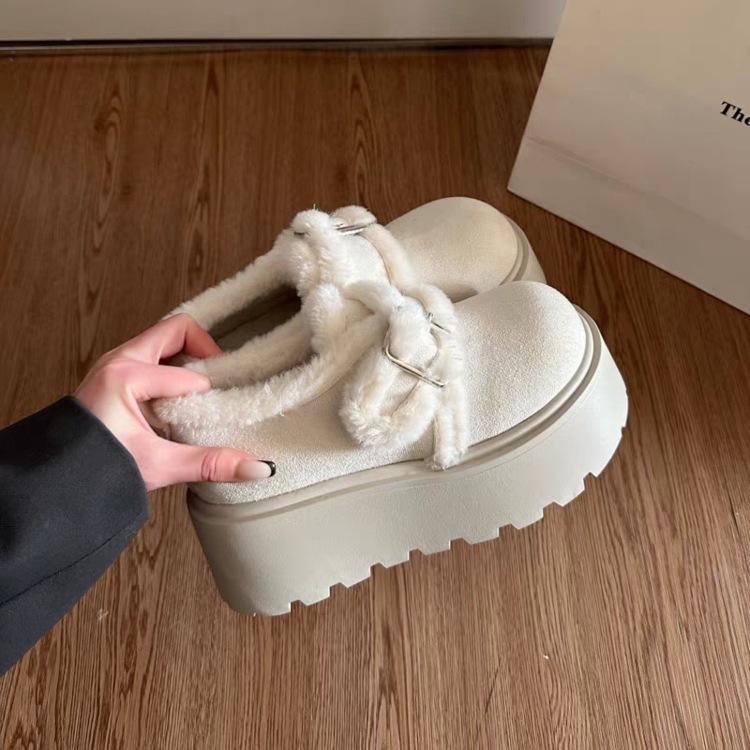 Retro Mao Mao buckle thick-soled heightening Birkenstock shoes winter new velvet cotton shoes 35