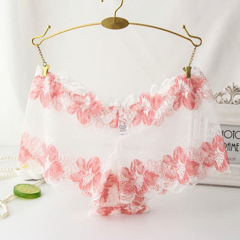 Sexy Damenunterwäsche, Höschen aus Spitze, transparentem Netzgewebe mit kontrastierendem Rosenmuster und dreieckigen, flachen Ecken