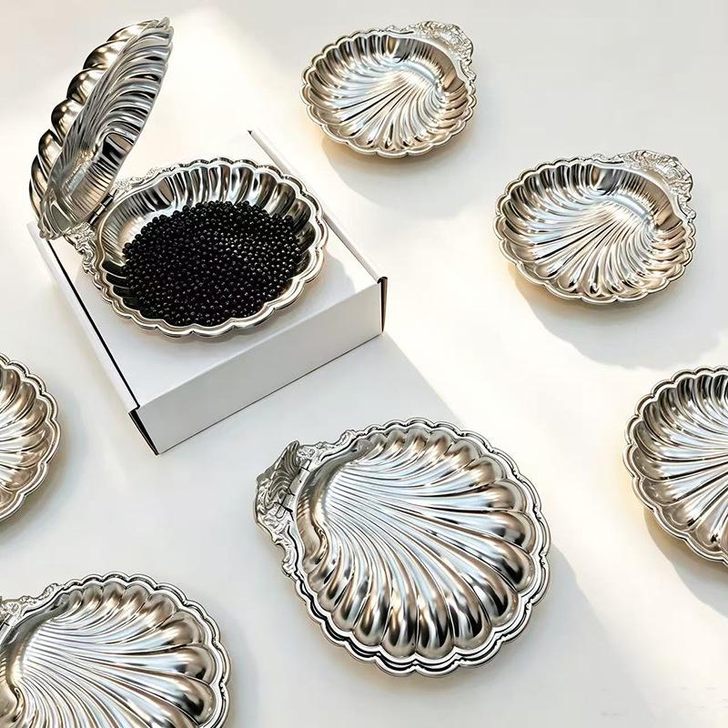 Vintage Dessert Plate Silver Color Shell Shape Embossed Food Tray Embossed Details Decorative Shell Shaped Dish Home Decoration