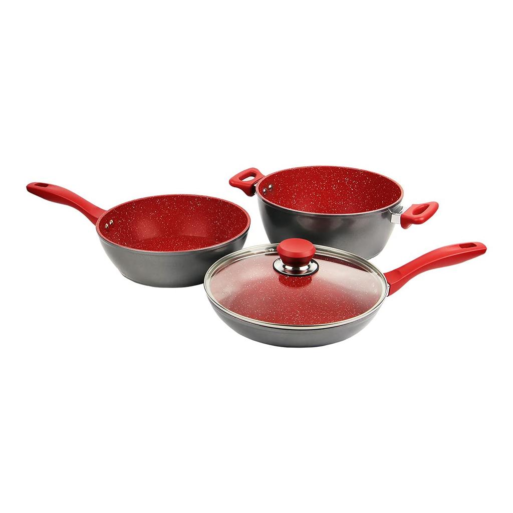 Flavor Stone 4-Piece Pot and Frying Pan Set, Red, Induction Compatible, 24cm Diameter, Authentic Japanese Product