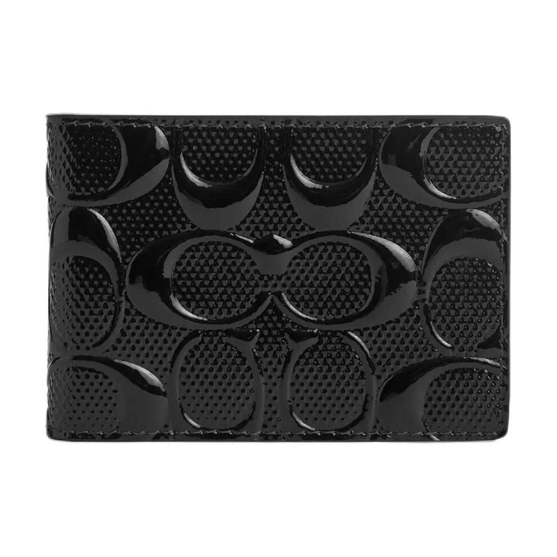 COACH Compact Billfold 10 Brand Classic Logo Print Patent Leather Wallet Women s Black black чёрный