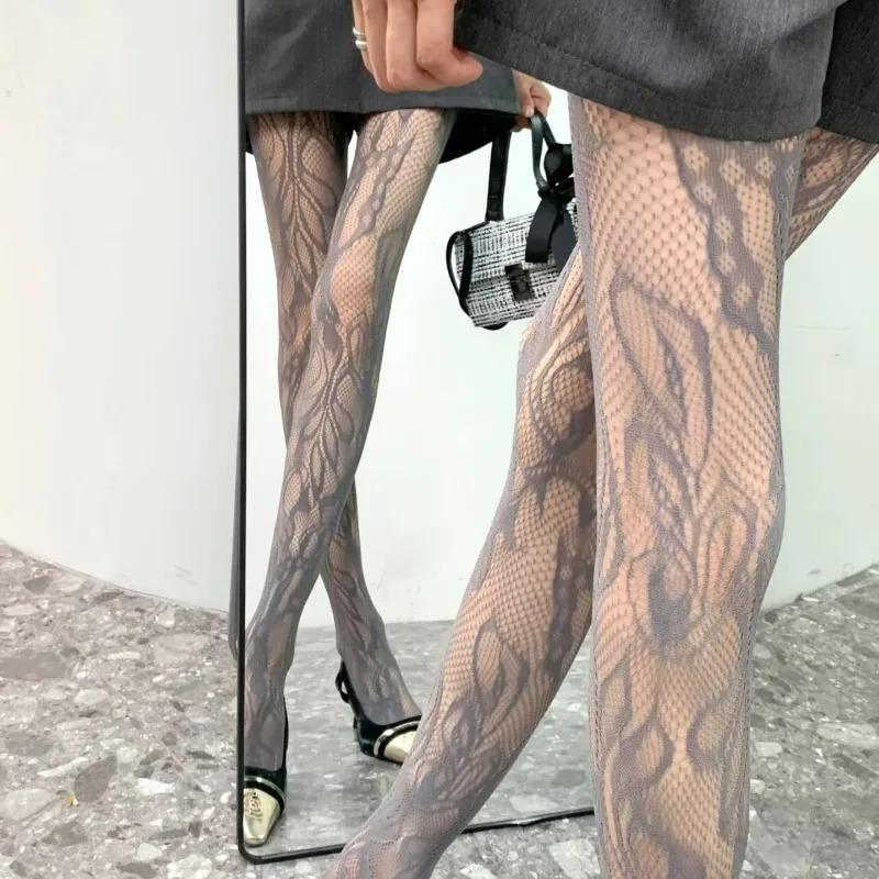 Y2K Millennium Hot Girl Vintage Floral Lace Pantyhose Sexy Hollow Out Mesh Stockings Slim Fit Sheer Tights for Women Girls