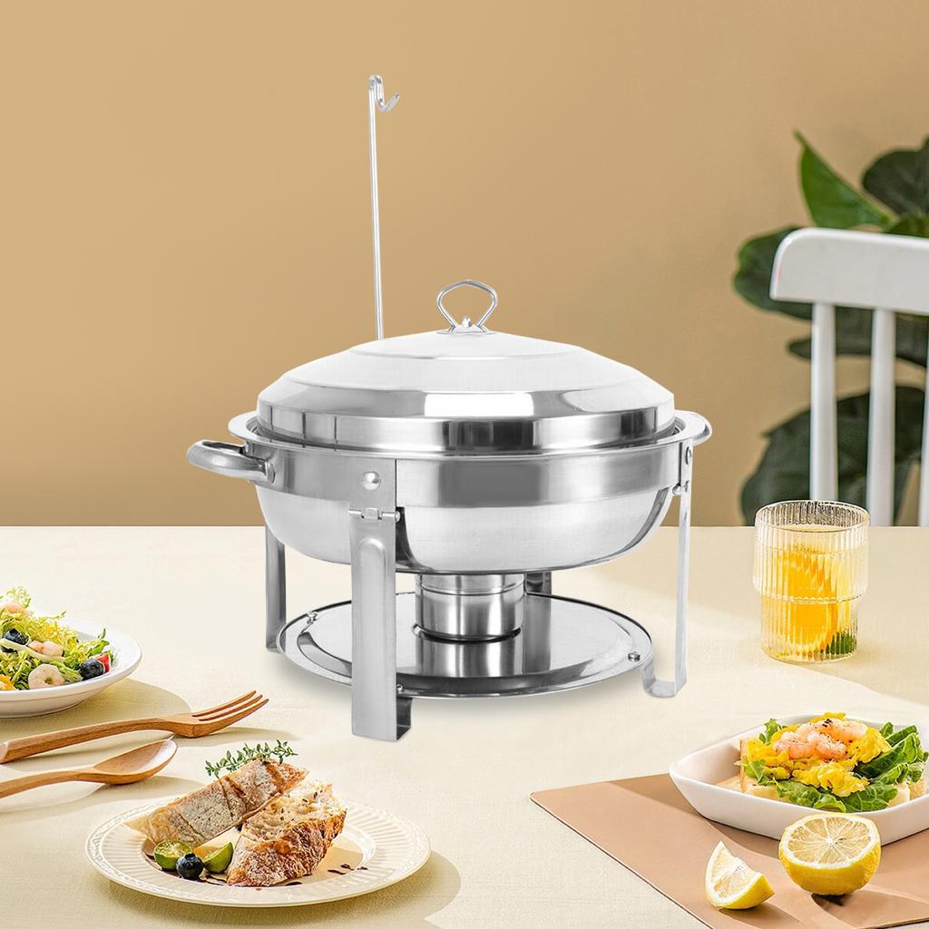 Round Chafing Dish with Lid & Fuel Can - 7.5L Stainless Steel Buffet Warmer for Catering, Wedding, Party - Dishwasher/Oven Safe
