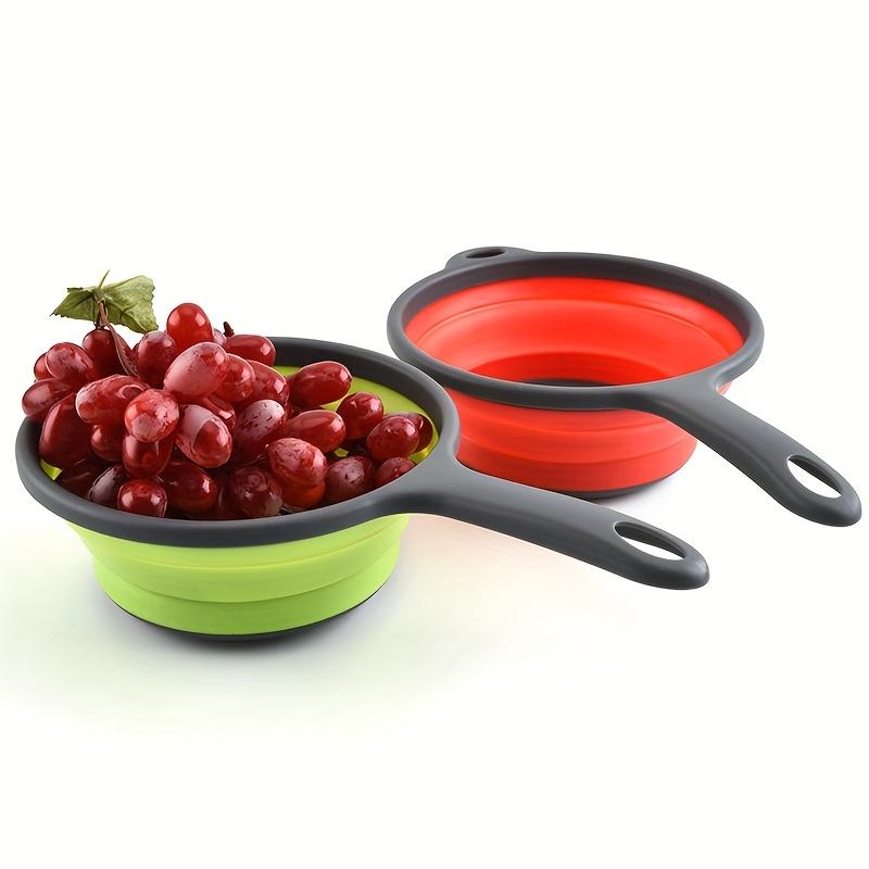 Long handle silicone foldable strainer, portable fruit & vegetable washing basket, kitchen draining tool for pasta, veggies & fruits