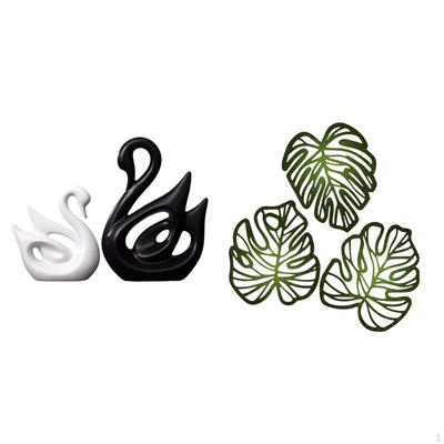 Porcelain Swan Couple Figurines Sculpture with Palm Leaves Wood Wall Decor Creative Elegant Animal