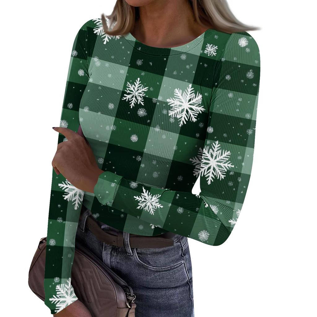 Γυναικείο Μοντέρνο Μπλουζάκι Βασικής Στρώσης Στενής Γραμμής με Στρογγυλή Λαιμόκοψη και Χριστουγεννιάτικη Εκτύπωση, Μακρυμάνικο Τοπ