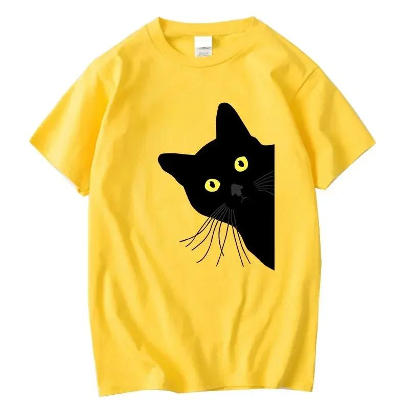 Summer Round Neck Black Cat Pattern Printed Top Fashionable Casual Pure Cotton Short Sleeved Women's T-shirts