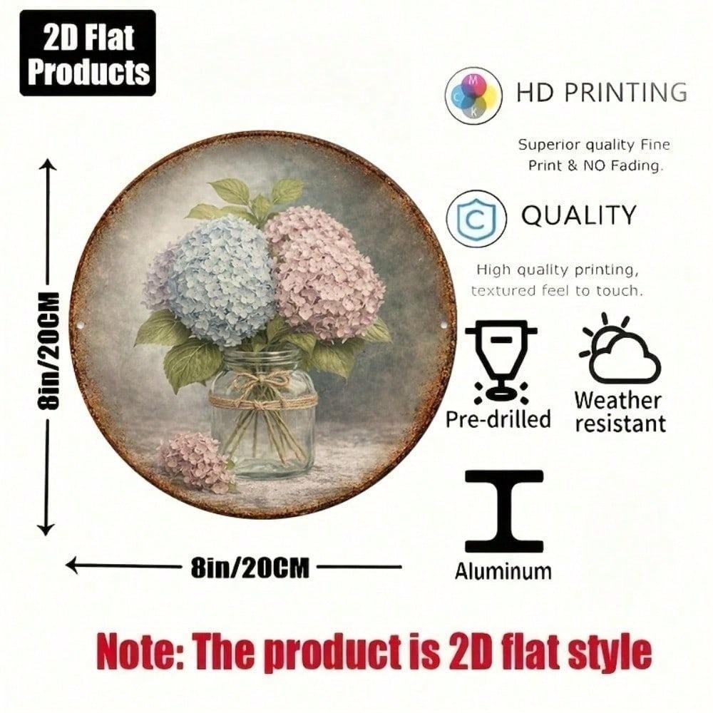 Vintage Hydrangea Round Wall Sign, Rustic Farmhouse Flower Plaque, 2D Flat Wooden Art for Living Room Kitchen Patio, No Frame