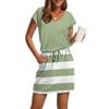 Women's Summer V-Neck Casual Short Sleeve Drawstring With Pocket Striped Patchwork Dresses