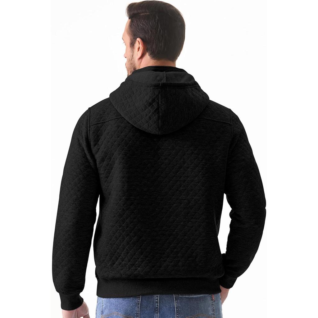 Men's Solid Color Plaid Hooded Sweatshirt Men's Casual Pocket Half Zipper Hooded Sweatshirt