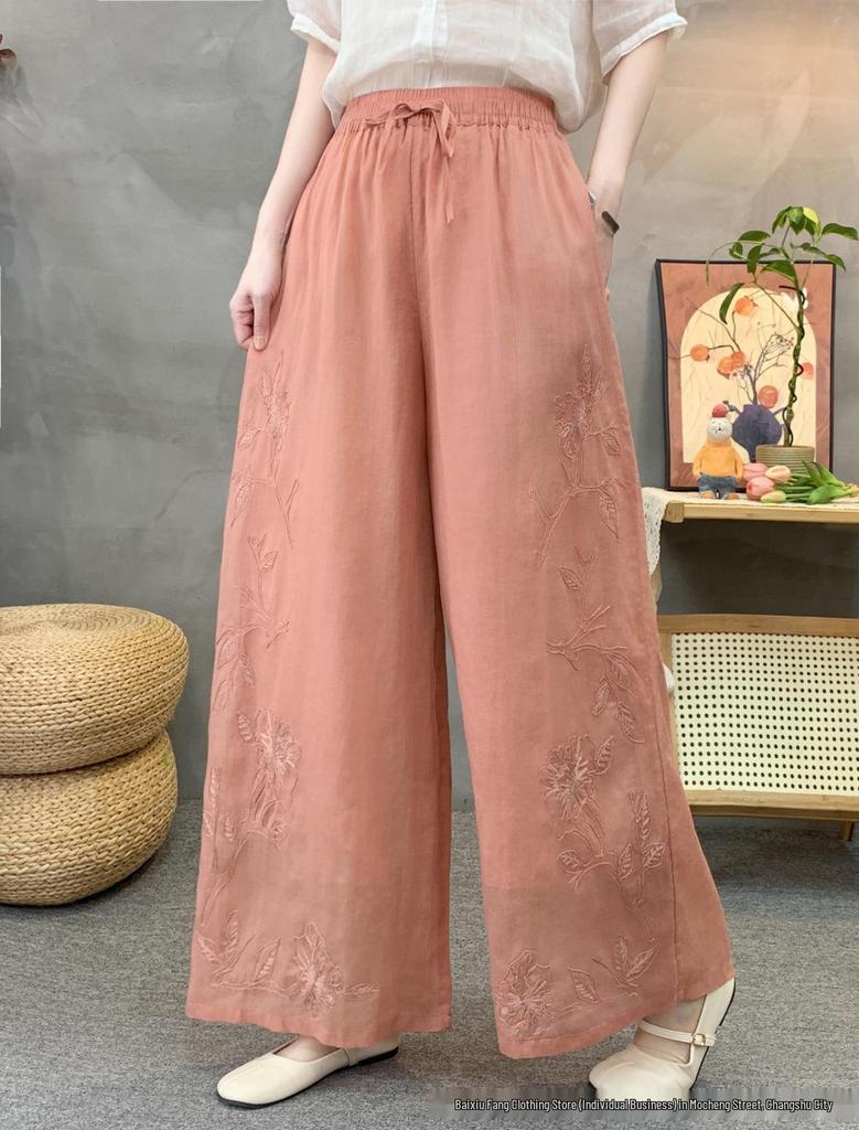 2026 Summer Linen Wide-Leg Pants with Artistic Embroidery and Elastic Waist for Women