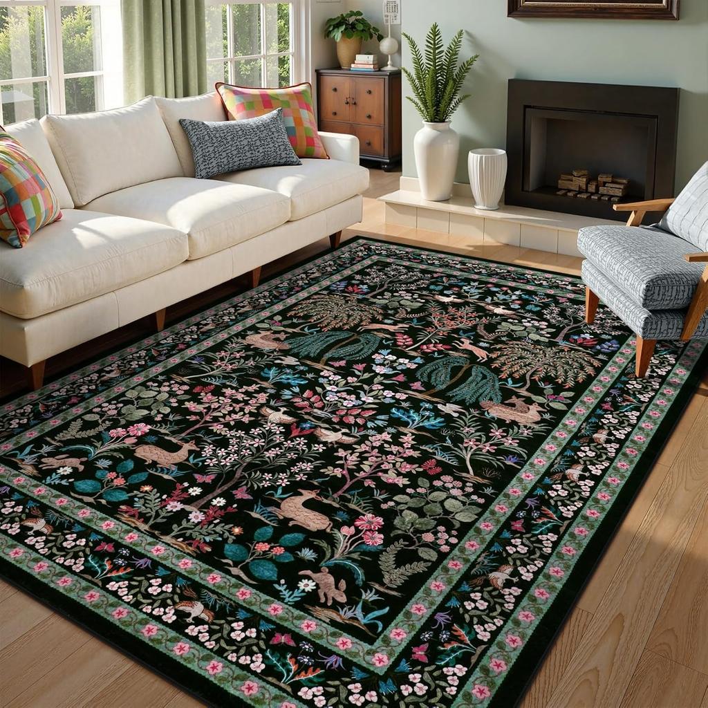 Black Rugs for Living Room Machine Washable Floor Mat Botanical Floral Birds Nature-Inspired Carpet Non-Slip Soft Home Decor