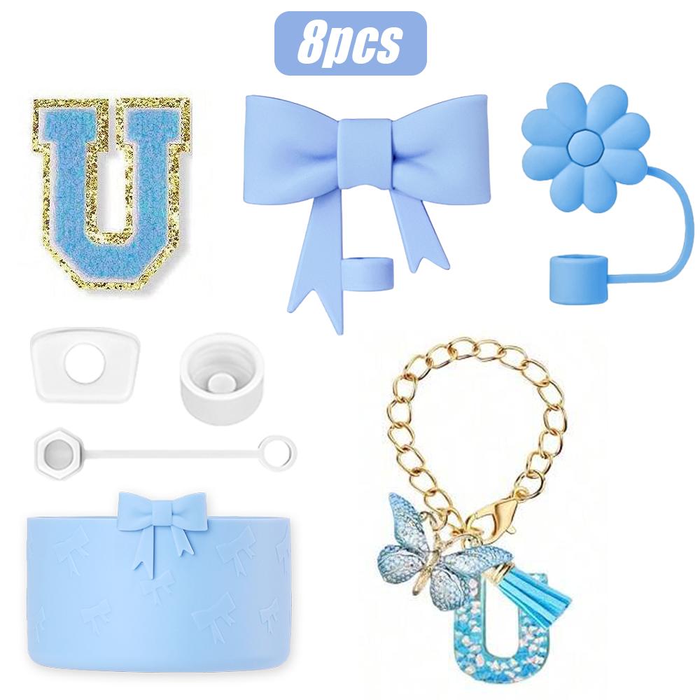 8-teiliges Tassenzubehör-Set für Stanley Cup 30oz 40oz, A-Z Initialen Dekorationen, inklusive Silikon-Strohhalmkappe, Aufkleber