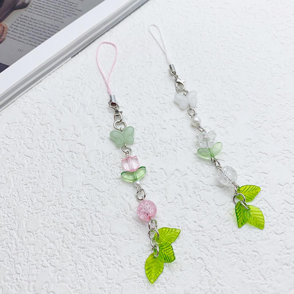 Barevný akrylový korálkový popruh na telefon čtyřlístky/tulipány přívěsek klíčenka všestranný přívěsek na telefony a tašky