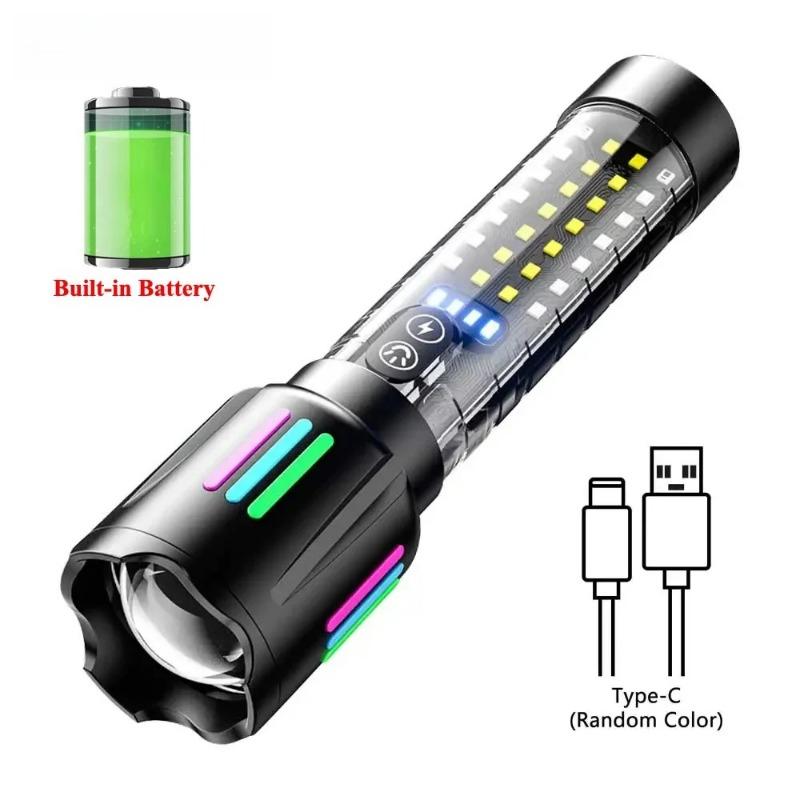 1800mAh Laser Lamp Beads LED Flashlight Type-C Charging Zoom Emergency Tactical Handheld Light Multi Functional Outdoor Hiking Camping
