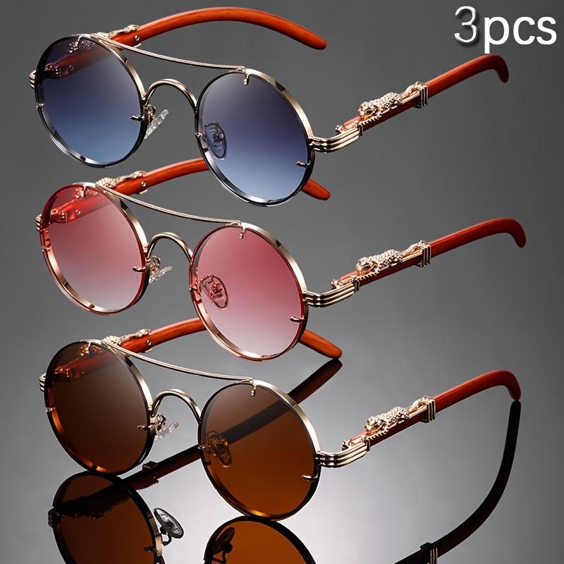 

3PCS Retro Metal Round Frame Leopard Head Decorative Wood Grain Mirror Legs Fashionable Sunglasses for Men and Women