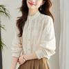 Apricot Blouse Womens Long-sleeved Spring Clothes Latest Pure Cotton Embroidered Top Pearl Button-up Collar Blouse