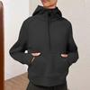 Stand Collar Long Sleeve Front Pocket Zipper Half Placket Thumbhole Design Fleece Lining Women Hoodie Autumn Solid Color Loose H