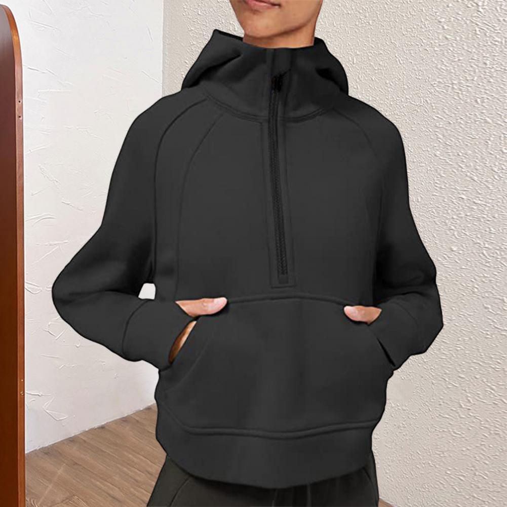 Stand Collar Long Sleeve Front Pocket Zipper Half Placket Thumbhole Design Fleece Lining Women Hoodie Autumn Solid Color Loose H