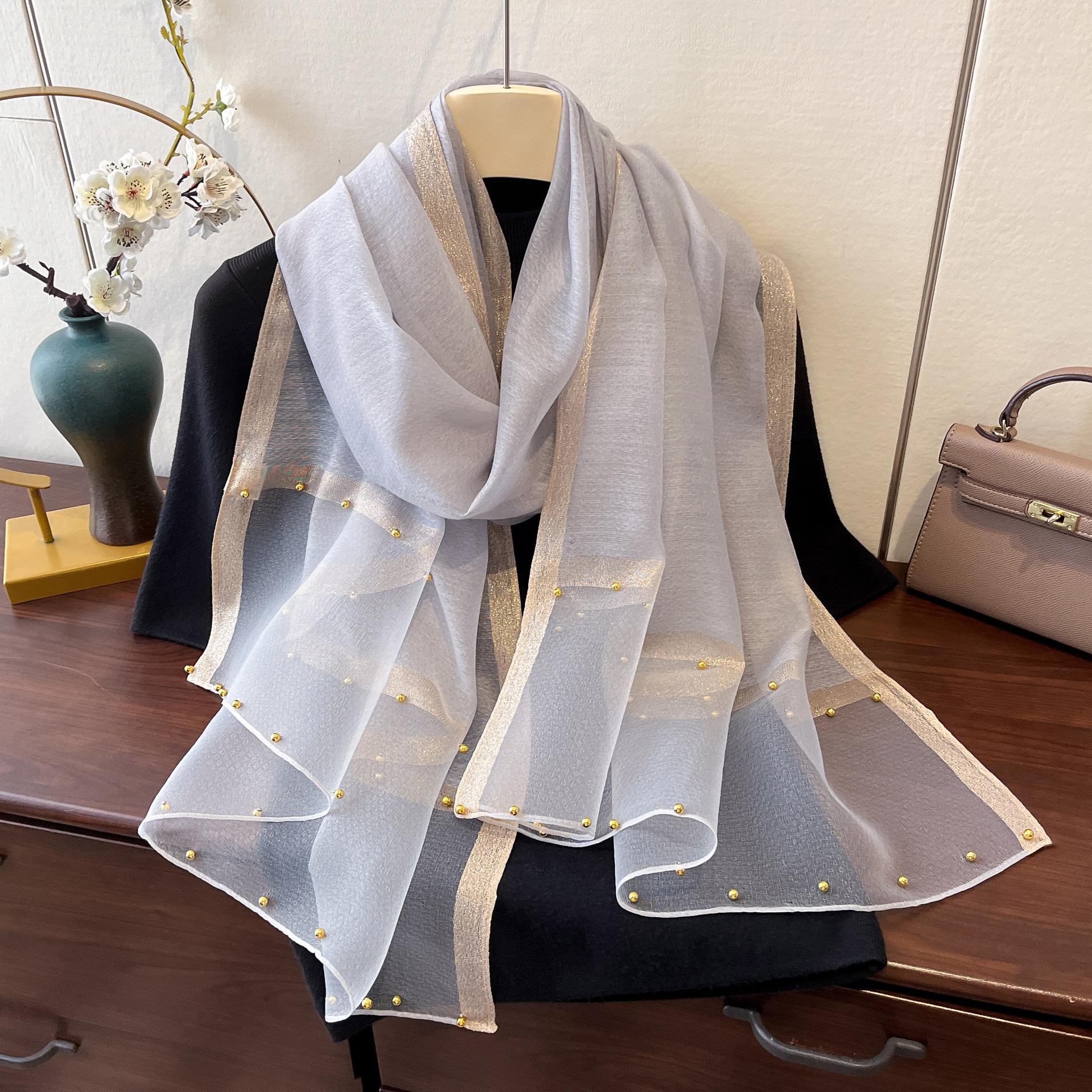 

Новый весенне-летний тонкий шарф с золотым краем и бусинами, шарф для женщин, однотонная универсальная шаль, корейская версия искусственного шелка, длинный шелковый шарф 180*70cm