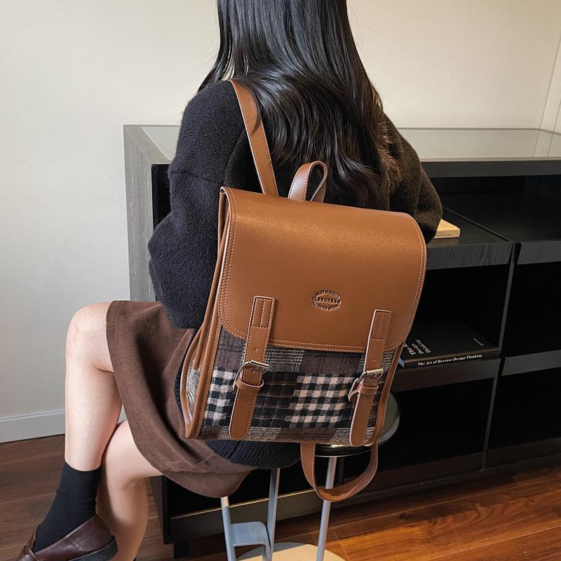 Schoolbag Autumn and Winter Plaid Backpack Women's Fashion Versatile Retro High-value Handbag College Style Plaid Backpack