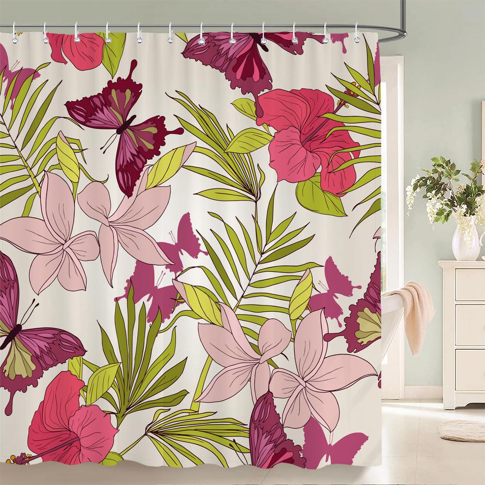 High Quality Flower Plant Leaves Fabric Shower Curtain Waterproof Beautiful Butterfly Bath Curtains for Bathroom Decor with Hook