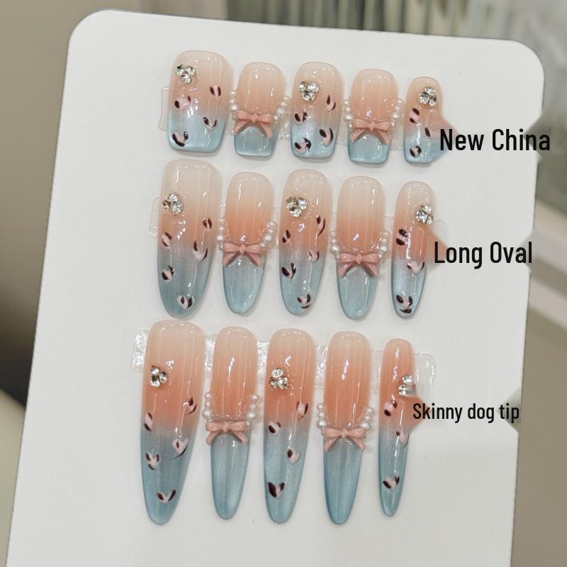 Handmade Blue Cat Eye Leopard Print Press-On Nails with French Bow Design