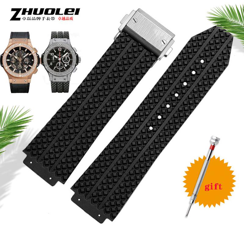 Pre remienok Hublot BIG BANG autentický remienok na hodinky nerezová pracka bezplatný nástroj Nový čierny silikónový pánsky gumový remienok na hodinky 25*19 dva štýly 24X17mm no clasp black