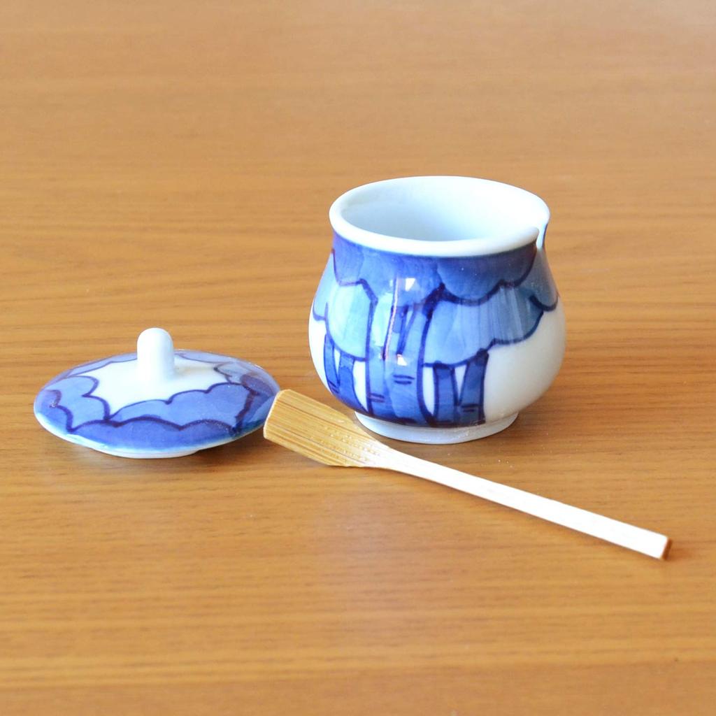 Stylish Ceramic Condiment Container with Lid and Bamboo Suitable for Commercial or Home Made In Japan with Arita Ware and a Blue and White Wood Spoon,