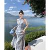 Ladies Summer Embroidery Vintage Hanging Neck Chiffon Floral Dresses