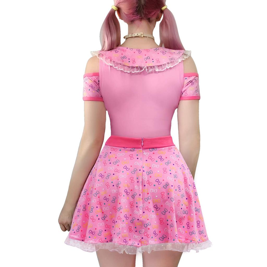 LittleForBig Adult Romper with Bow and Skirt with Special Sleeves and Lace Cotton Size 4XL (2-Piece Set) [Meow Meow] Hem, Pajamas,