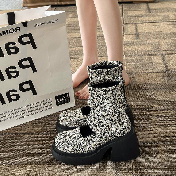 

Retro elastic national style boots Martin boots women s summer thin muffin thick-soled cool boots small heightening rear zipper short boots 40