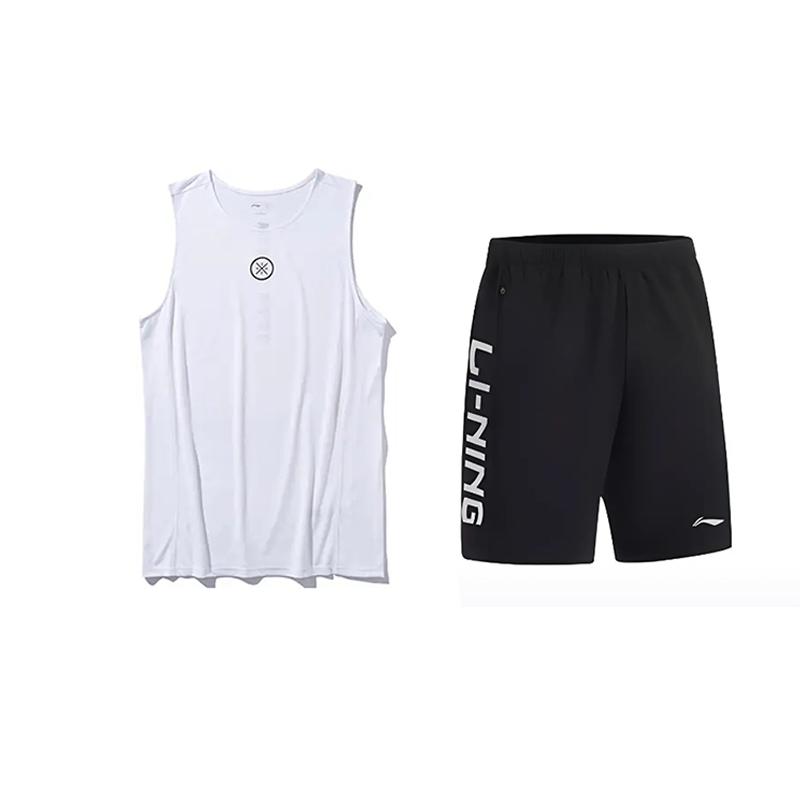 Li-Ning Solid Color Quick-Dry Breathable Vest With Brand Logo Print And Five-Point Shorts Casual Sports Set Unisex Sports Set YVSV031-2+YKSV115-1