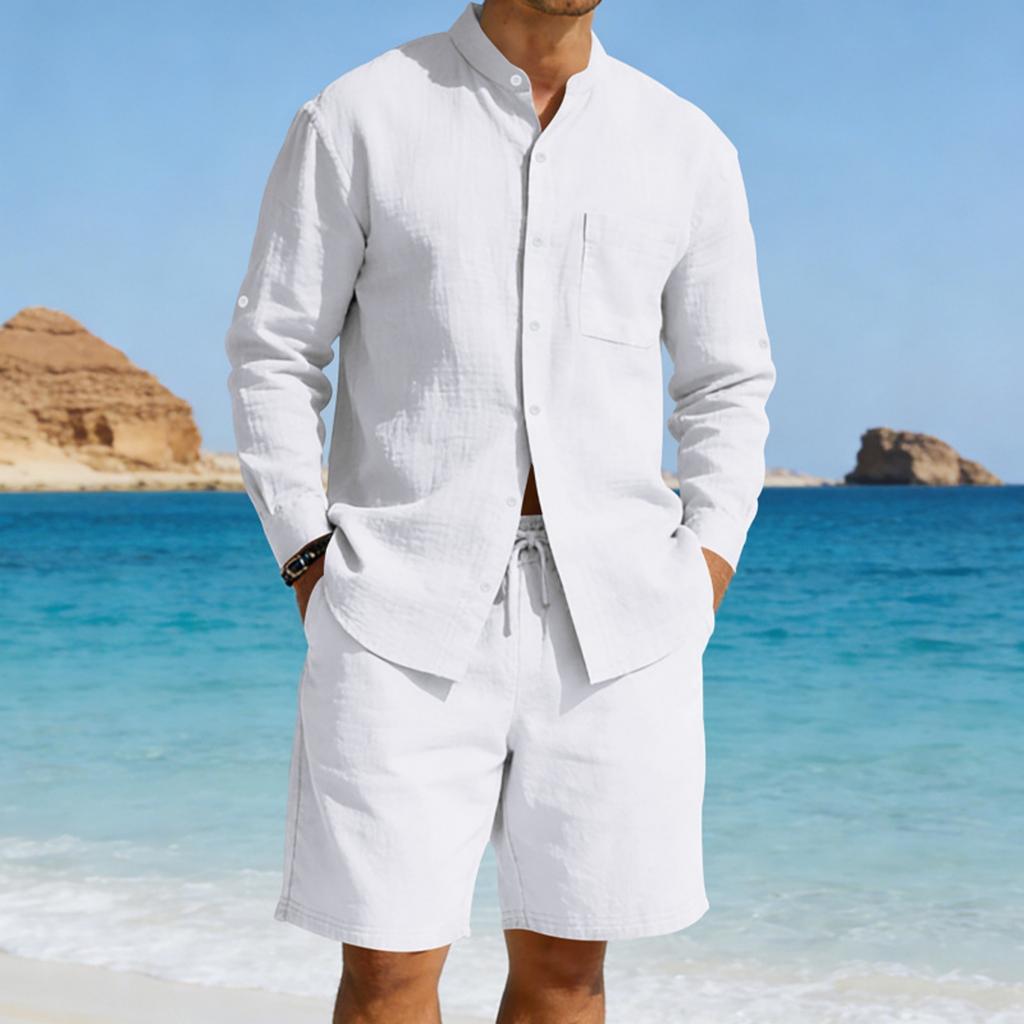 Men's American- Linen Casual Set Loose Long-sleeve Shirt And Shorts Set
