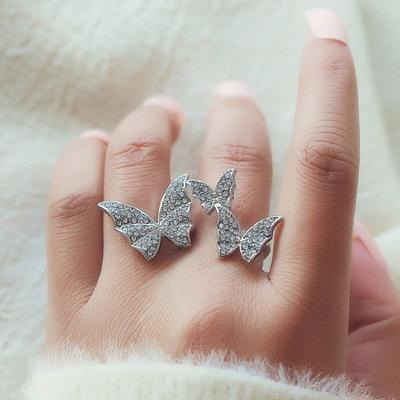 Women Finger Ring Three Rhinestones Ring Inlaid Adjustable Open Butterflies Exaggerated Finger Band Jewelry