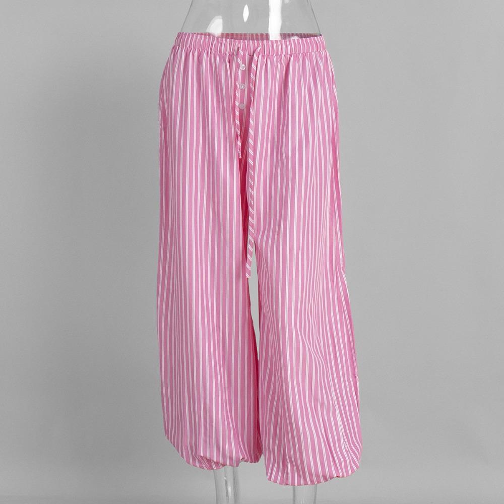 Women s Mid Rise Drawstring Harem Pants Loose Fit Striped Casual Tencel Trousers S