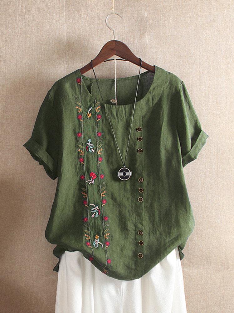 Women's Retro Cotton Linen Embroidered Short Sleeve Casual Shirt, 2022