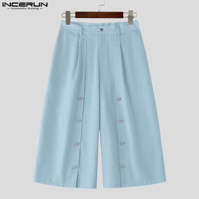 INCERUN Men Capri Casual Loose Wide Leg Buttons Striped Cropped Pants Shorts