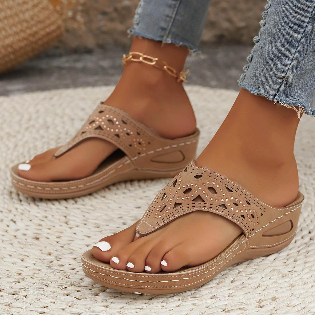 Acorns Womens Slippers Wedge Platform Slide Slip On Thong Cutout Rhinestone T Strap Walking Breathable Sandals For Woman